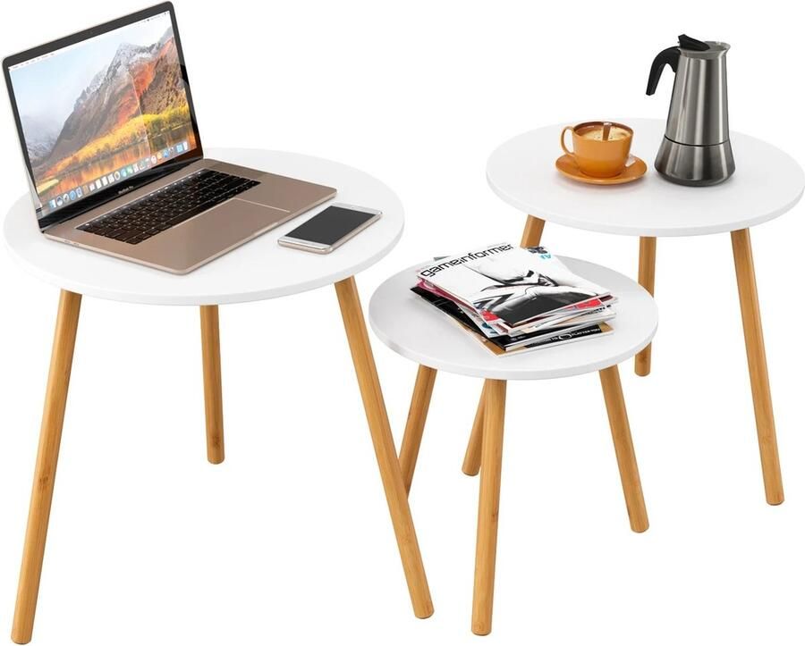 Naiz Ronde salontafel Set van 3 stuks Wit met houten poten Diameter van 40 48 53 CM