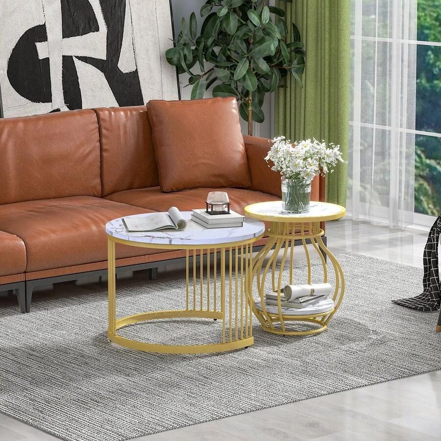 Naiz Salontafel Rond Set van 2 Goud met marmer wit Modern design