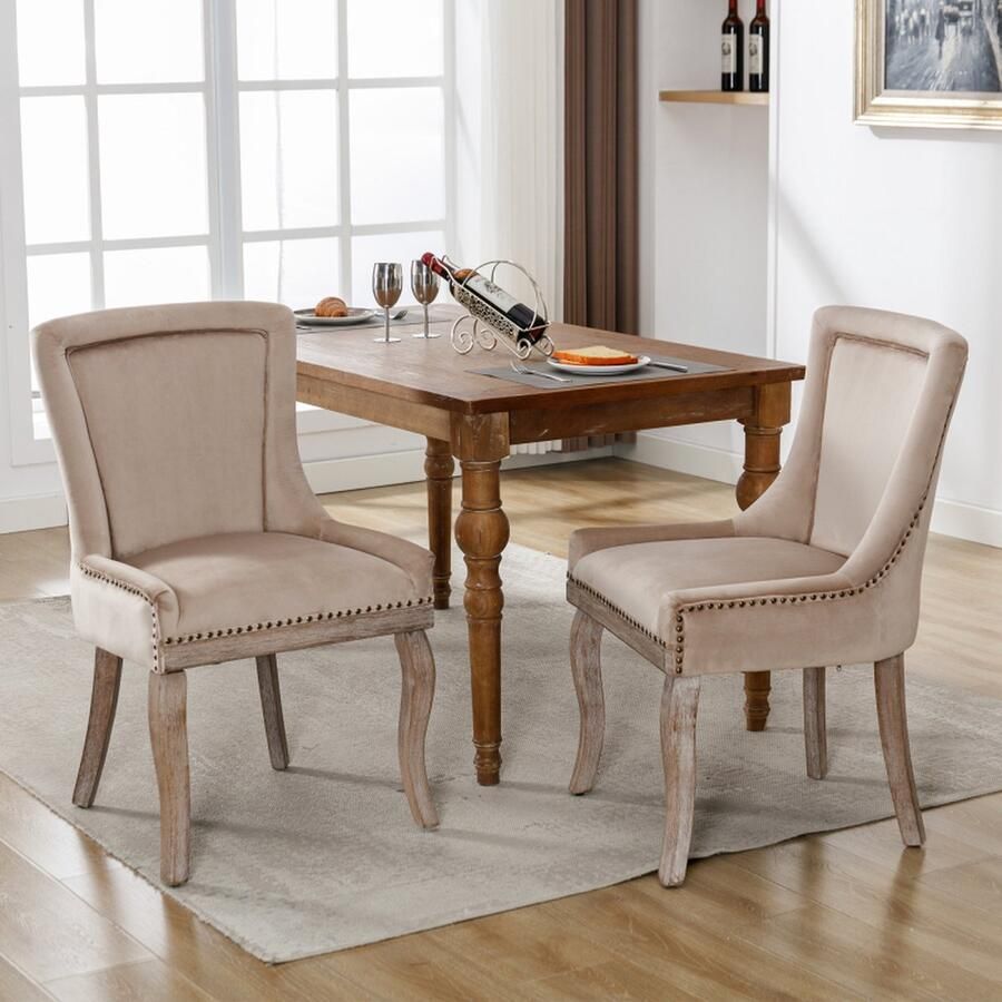 Naiz Woonkamer Eettafel stoel Set van 2 stuks Beige Gestofferde stoelen Massief houten poten