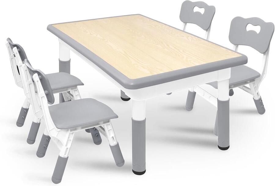 NAIZY 120x60cm Kindertafel met 4 Stoelen Kindertafelstoelset in Hoogte Verstelbaar Kindertafelstoelset HDPE + ABS Kindermeubel Kinderzitgroep 100KG Draagvermogen voor Jongens en Meisjes (Grijs)