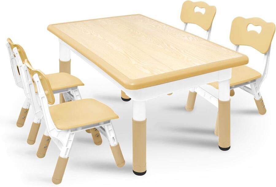NAIZY 120x60cm Kindertafel met 4 Stoelen Kindertafelstoelset in Hoogte Verstelbaar Kindertafelstoelset HDPE + ABS Kindermeubel Kinderzitgroep 100KG Draagvermogen voor Jongens en Meisjes (Beige)