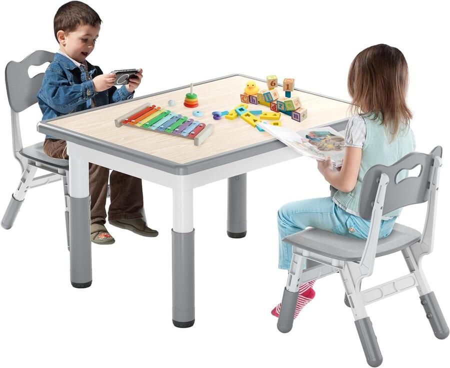 NAIZY 60x60cm Kindertafel met 2 Stoelen Kindertafelstoelset in Hoogte Verstelbaar Kindertafelstoelset HDPE + ABS Kindermeubel Kinderzitgroep 100KG Draagvermogen voor Jongens en Meisjes (Grijs)