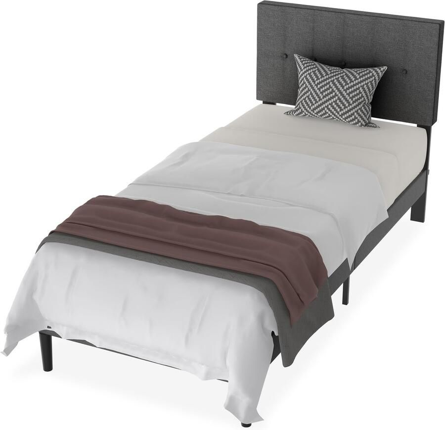 JOIEYOU bedframe 160x200 cm bedframe metaal bed met linnen hoofdbord en lattenbodem jeugdbed logeerbed tweepersoonsbed voor slaapkamer logeerkamer donkergrijs