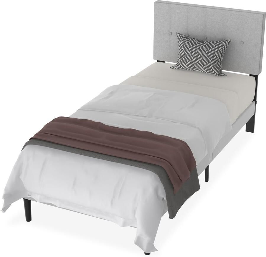 JOIEYOU bedframe 160x200 cm bedframe metaal bed met linnen hoofdbord en lattenbodem jeugdbed logeerbed tweepersoonsbed voor slaapkamer logeerkamer lichtgrijs