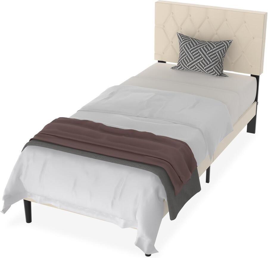 JOIEYOU bedframe 90x200 cm bedframe metaal bed met leren hoofdeinde en lattenbodem jeugdbed logeerbed eenpersoonsbed voor slaapkamer logeerkamer beige