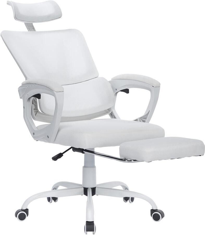 NAIZY Ergonomische bureaustoelen computerstoel netstoel met verstelbare hoofdsteunen mesh-stoelleuning armleuningen voetensteun en rubberen wielen ligstoel kantelfunctie tot 135° (grijs wit)