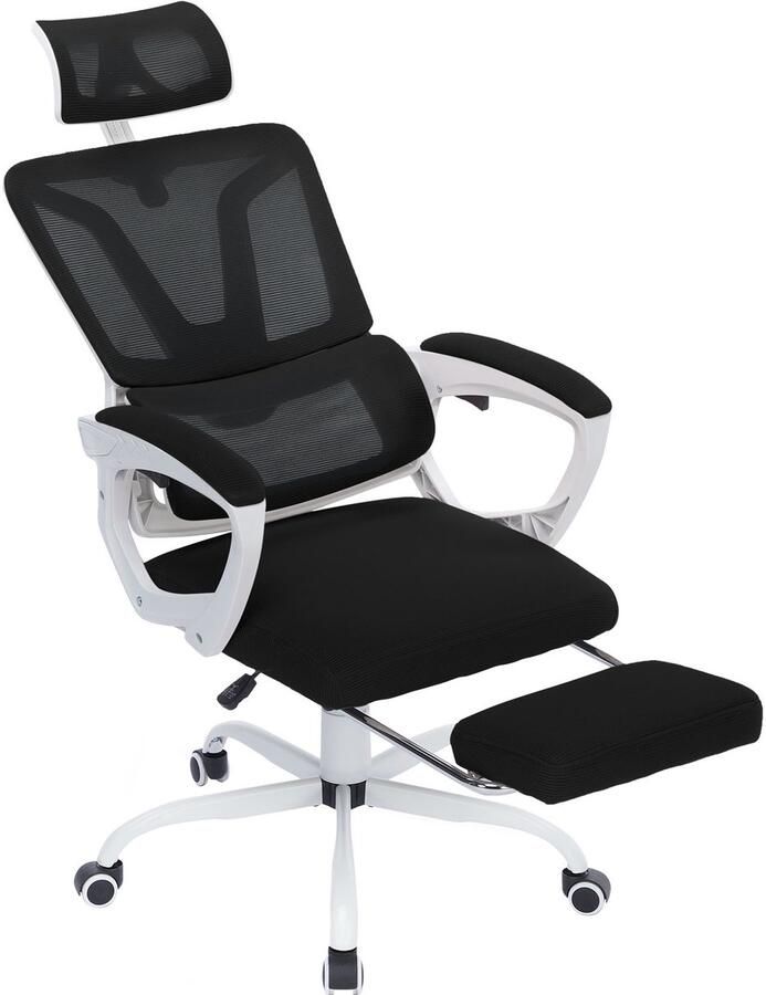 NAIZY Ergonomische bureaustoelen computerstoel netstoel met verstelbare hoofdsteunen mesh-stoelleuning armleuningen voetensteun en rubberen wielen ligstoel kantelfunctie tot 135° (zwart)