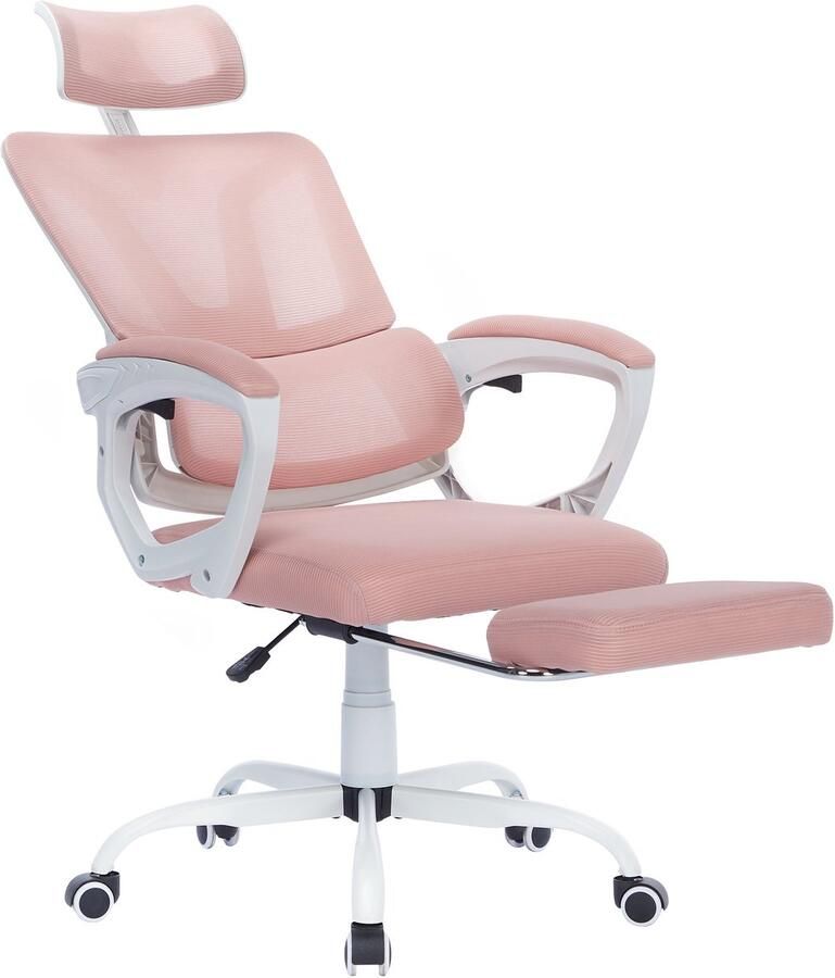 NAIZY Ergonomische bureaustoelen computerstoel netstoel met verstelbare hoofdsteunen mesh-stoelleuning armleuningen voetensteun en rubberen wielen ligstoel kantelfunctie tot 135° (roze)