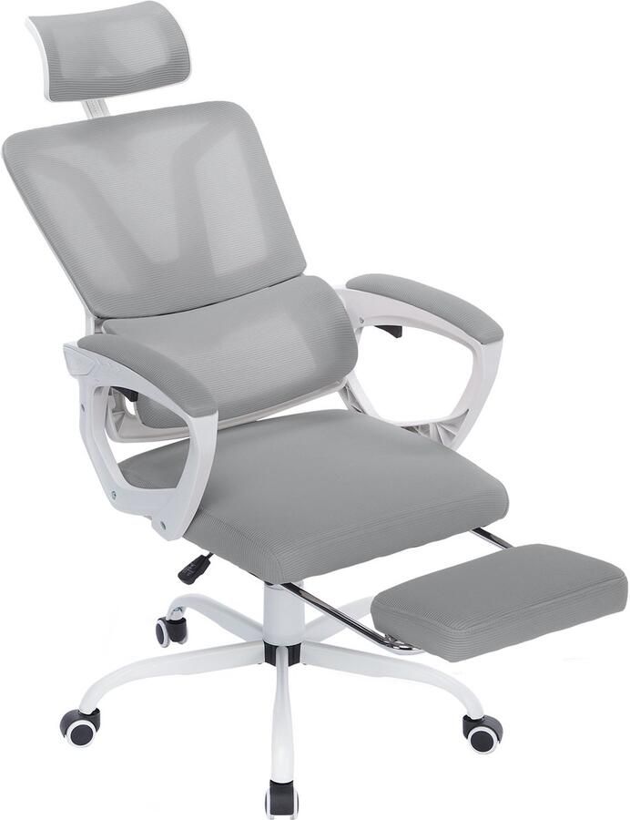 NAIZY Ergonomische bureaustoelen computerstoel netstoel met verstelbare hoofdsteunen mesh-stoelleuning armleuningen voetensteun en rubberen wielen ligstoel kantelfunctie tot 135° (grijs)
