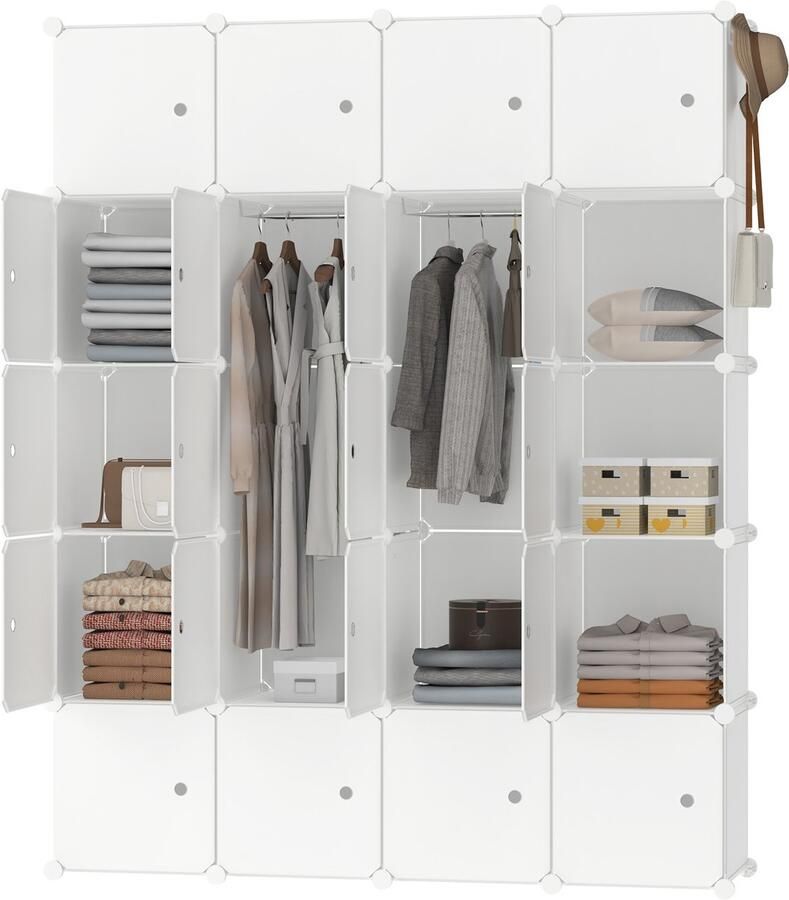NAIZY Garderobekast Wit Garderobekastsysteem met 20 kubussen DIY-kasten Kunststof kast met deurplankensysteem Kast staand plank 145 cm breed