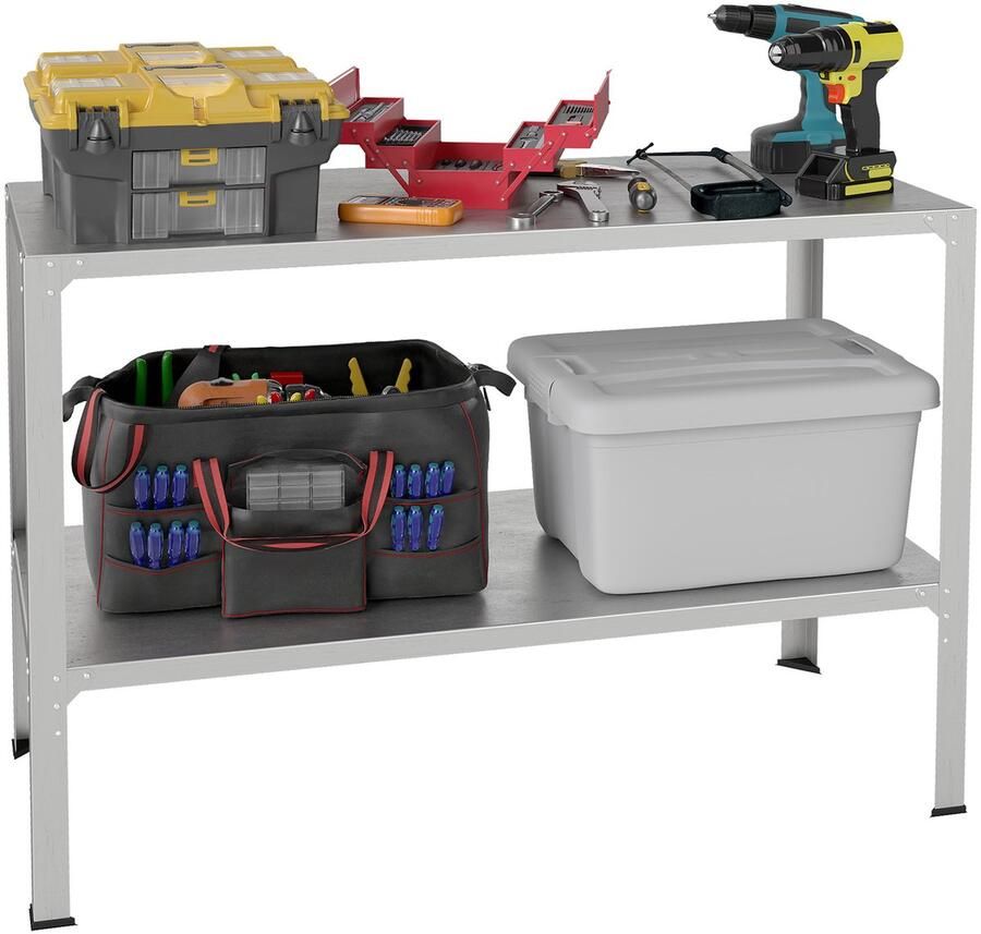 NAIZY heavy-duty plank 2 niveaus kelderplank 114x50x80cm metalen plank met kunststof voetjes grote opbergplank voor kelder keuken studeerkamer