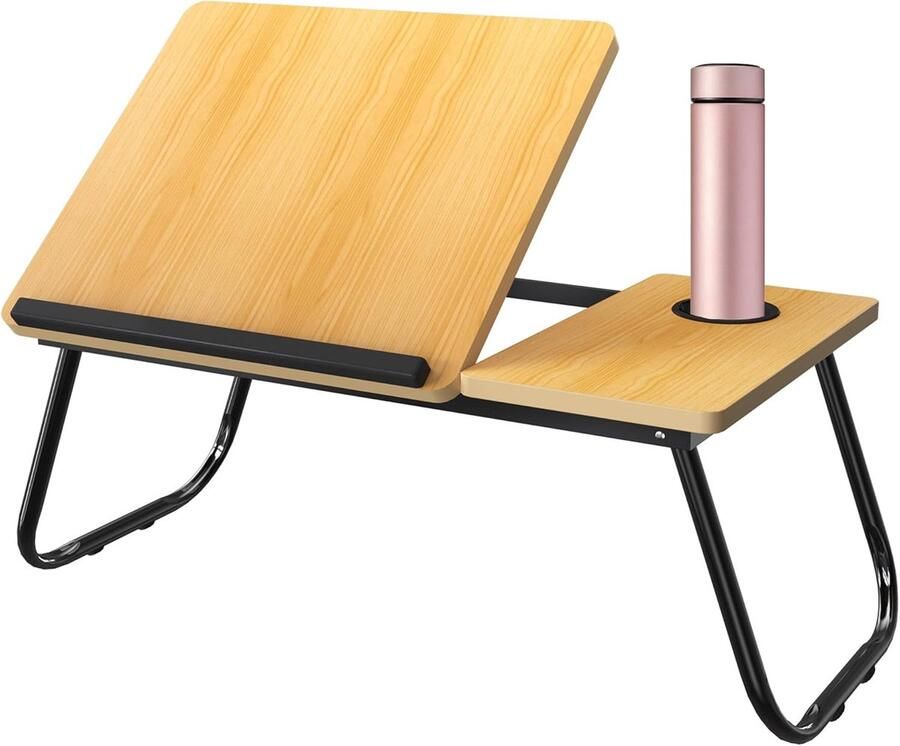 NAIZY Laptop Tafel In Hoogte Verstelbaar Met 5 Verstelbare Hoeken Opvouwbaar Laptoptafel voor tot 17” Laptop Stabiele Bedtafel met Bekerhouder Lezen & Werken Dienblad voor Bank Vloer Bed (Bruin)