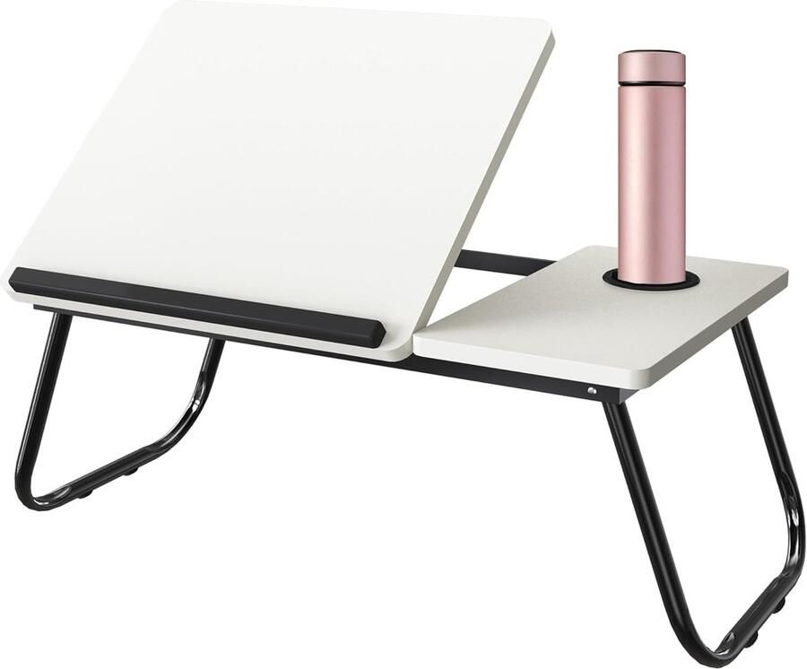 NAIZY Laptop Tafel In Hoogte Verstelbaar Met 5 Verstelbare Hoeken Opvouwbaar Laptoptafel voor tot 17” Laptop Stabiele Bedtafel met Bekerhouder Lezen & Werken Dienblad voor Bank Vloer Bed (Beige)