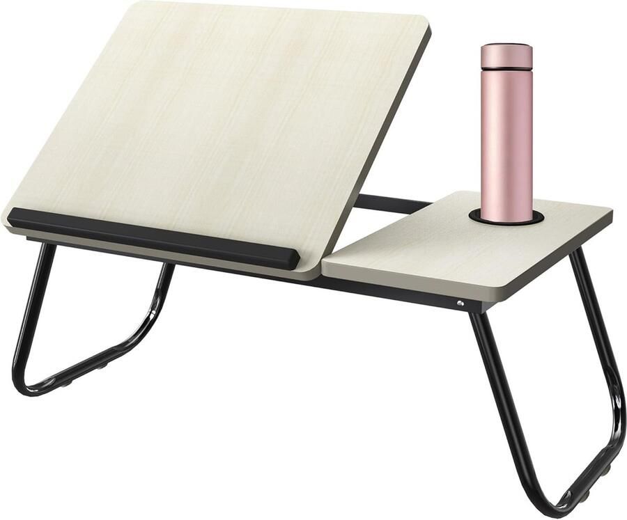 NAIZY Laptop Tafel In Hoogte Verstelbaar Met 5 Verstelbare Hoeken Opvouwbaar Laptoptafel voor tot 17” Laptop Stabiele Bedtafel met Bekerhouder Lezen & Werken Dienblad voor Bank Vloer Bed (Crème)