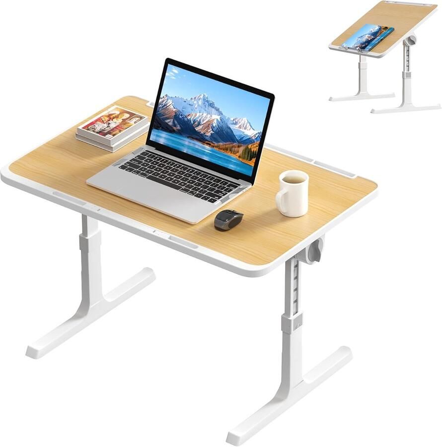 NAIZY Laptoptafel 60x39 5 cm Opvouwbare tafel 27-39 cm In hoogte verstelbaar nachtkastje met tablet-uitsparing en hoekverstelbaar tafelblad Bedtafel voor slaapbankvloer Bruin
