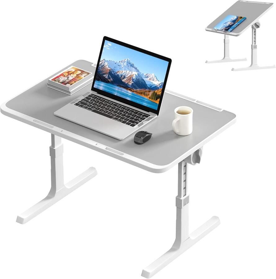 NAIZY Laptoptafel 60x39 5 cm Opvouwbare tafel 27-39 cm In hoogte verstelbaar nachtkastje met tablet-uitsparing en hoekverstelbaar tafelblad Bedtafel voor slaapbankvloer Grijs