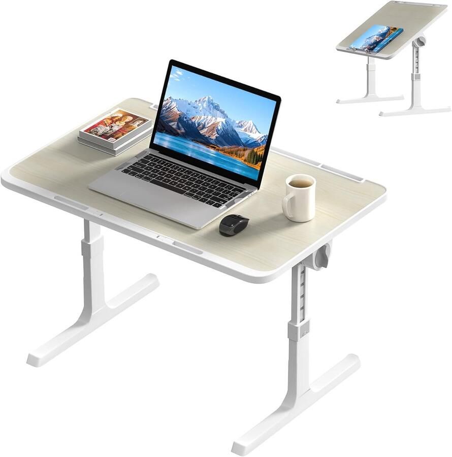 NAIZY Laptoptafel 60x39 5 cm Opvouwbare tafel 27-39 cm In hoogte verstelbaar nachtkastje met tablet-uitsparing en hoekverstelbaar tafelblad Bedtafel voor slaapbankvloer Beige