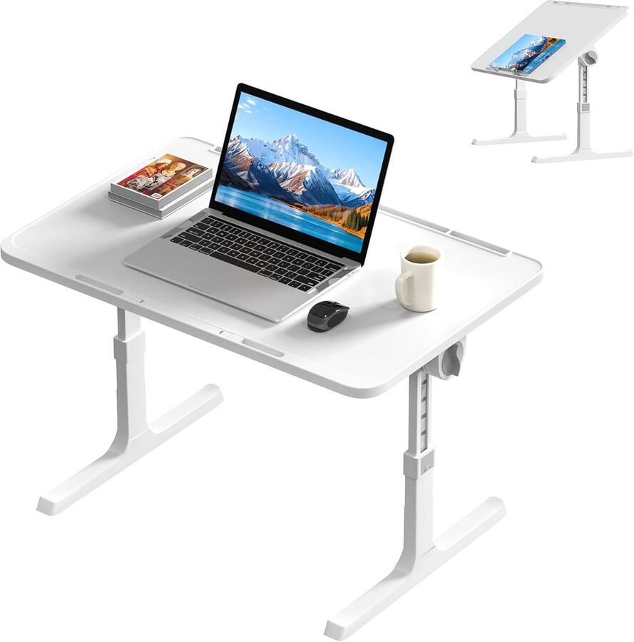 NAIZY Laptoptafel 60x39 5 cm Opvouwbare tafel 27-39 cm In hoogte verstelbaar nachtkastje met tablet-uitsparing en hoekverstelbaar tafelblad Bedtafel voor slaapbankvloer Wit