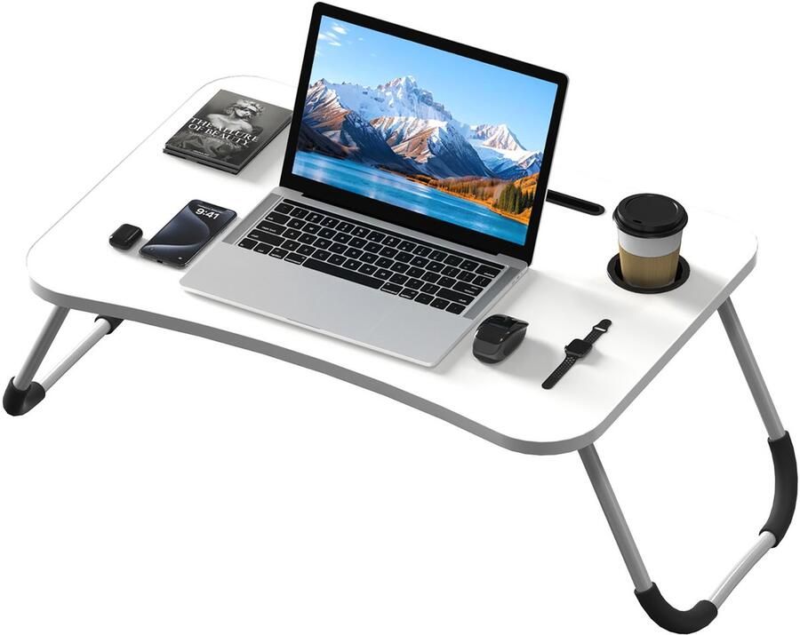 NAIZY Laptoptafel Bedtafel Bedlade Opvouwbaar met Tablet-uitsparing en Bekerhouder Laptoptafel Laptopstandaard Notebooktafel van MDF voor Slaapbank Vloer 60x40 cm Wit