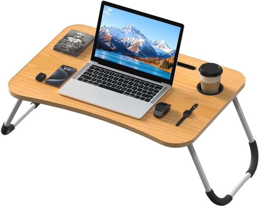 NAIZY Laptoptafel Bedtafel Bedlade Opvouwbaar met Tablet-uitsparing en Bekerhouder Laptoptafel Laptopstandaard Notebooktafel van MDF voor Slaapbank Vloer 60x40 cm Houtkleur