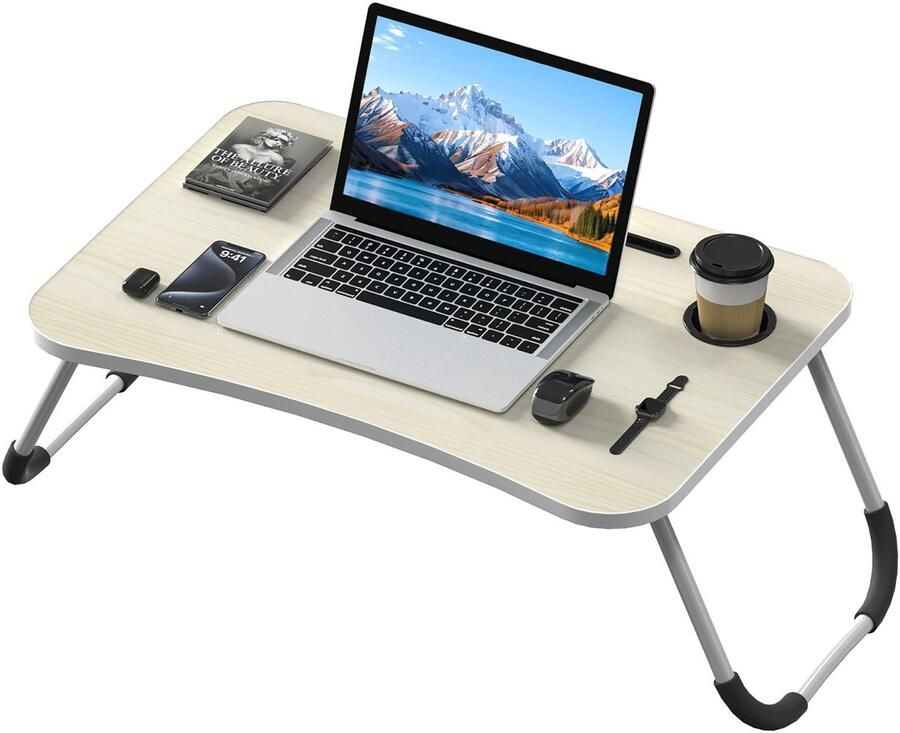 NAIZY Laptoptafel Bedtafel Bedlade Opvouwbaar met Tablet-uitsparing en Bekerhouder Laptoptafel Laptopstandaard Notebooktafel van MDF voor Slaapbank Vloer 60x40 cm Beige
