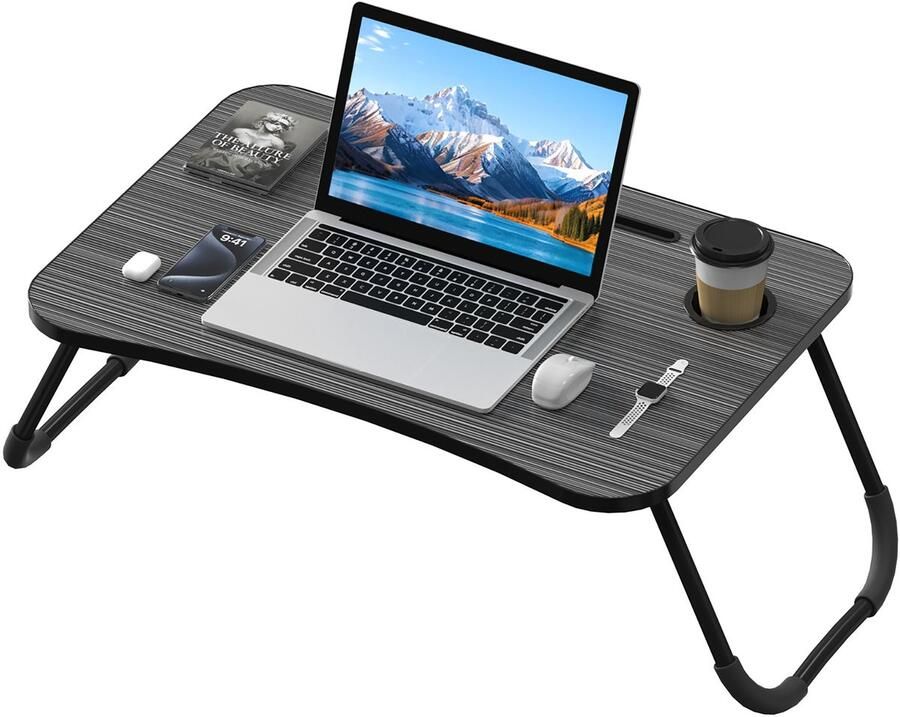 NAIZY Laptoptafel Bedtafel Bedlade Opvouwbaar met Tablet-uitsparing en Bekerhouder Laptoptafel Laptopstandaard Notebooktafel van MDF voor Slaapbank Vloer 60x40 cm Zwart