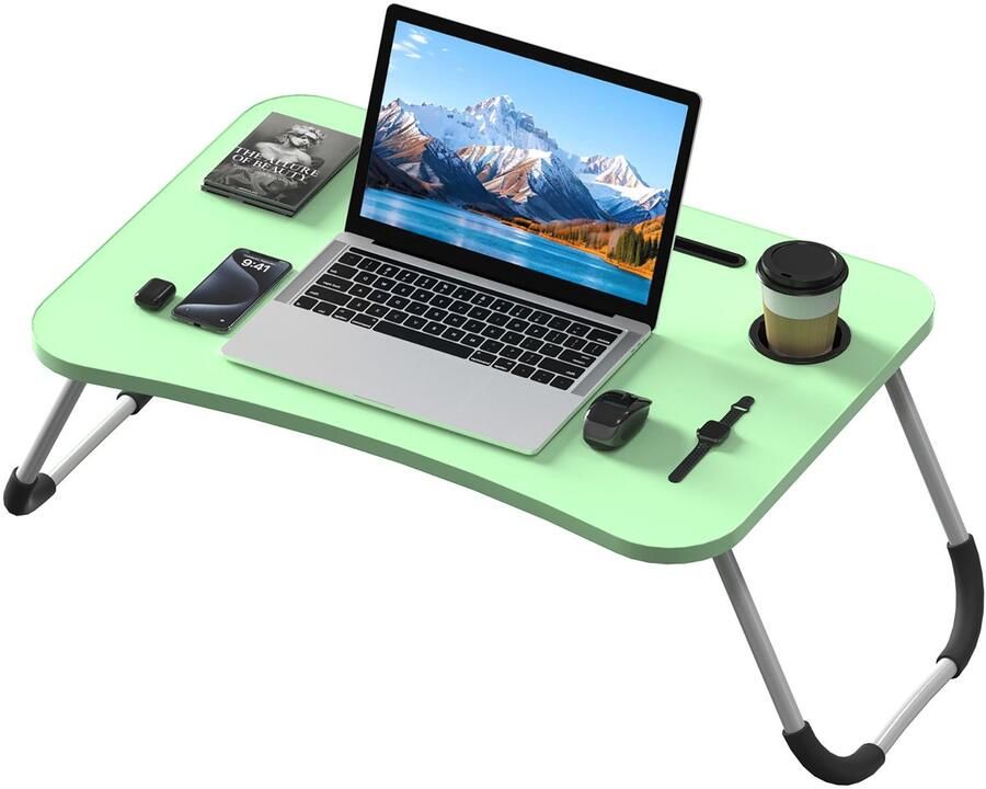 NAIZY Laptoptafel Bedtafel Bedlade Opvouwbaar met Tablet-uitsparing en Bekerhouder Laptoptafel Laptopstandaard Notebooktafel van MDF voor Slaapbank Vloer 60x40 cm Groente