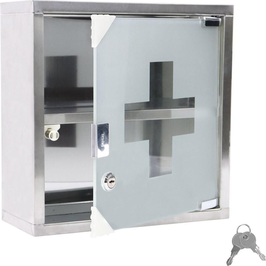 NAIZY Medicijnkastje 2 compartimenten Apothekerskast Gemaakt van roestvrij staal met gematteerde glazen magnetische deur & 2 sleutels Afsluitbare hangende medicijnkast 30x12x30cm