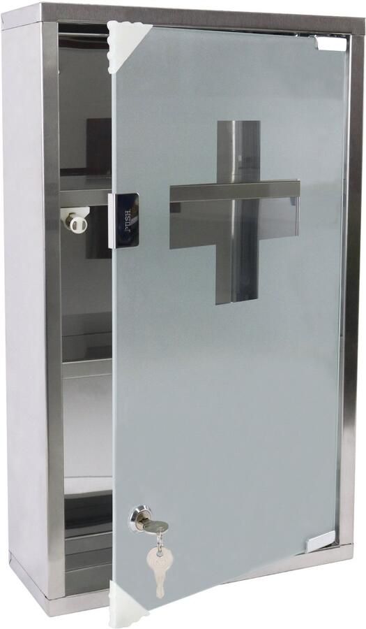 NAIZY Medicijnkastje 3 compartimenten Apothekerskast Gemaakt van roestvrij staal met matglazen magnetische deur & 2 sleutels Afsluitbare hangende medicijnkast 30x12x50cm