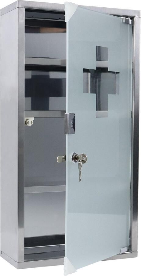 NAIZY Medicijnkastje 4 compartimenten Apothekerskast Gemaakt van roestvrij staal met gematteerd glazen magnetische deur & 2 sleutels Afsluitbare hangende medicijnkast 30x12x57 5cm