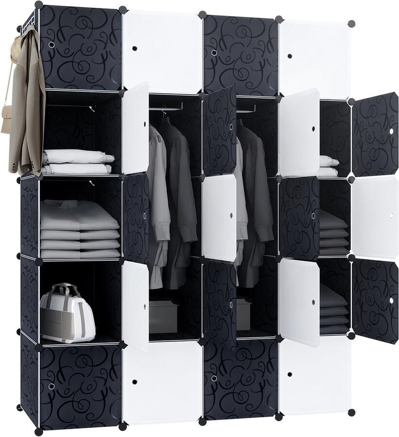 NAIZY Reksysteem Kledingkasten PP Kunststof Kubusrek met Deuren Doe-het-zelf Garderobekast Opbergkast Opbergdozen van kleding schoenen boeken speelgoed (Zwart 20 vakken)