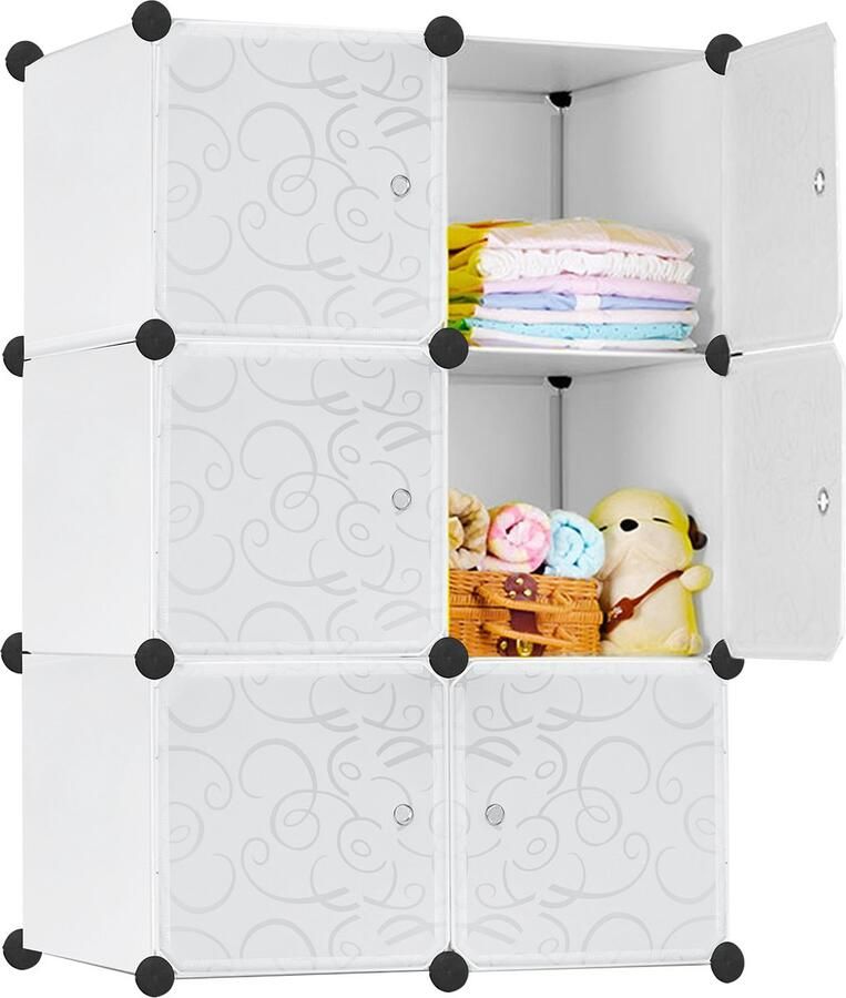NAIZY Reksysteem Kledingkasten PP Kunststof Kubusrek met Deuren Doe-het-zelf Garderobekast Opbergkast Opbergdozen van kleding schoenen boeken speelgoed (Wit 6 vakken)