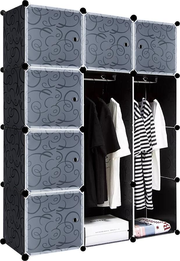 NAIZY Reksysteem Kledingkasten PP Kunststof Kubusrek met Deuren Doe-het-zelf Garderobekast Opbergkast Opbergdozen van kleding schoenen boeken speelgoed (Zwart 12 vakken)