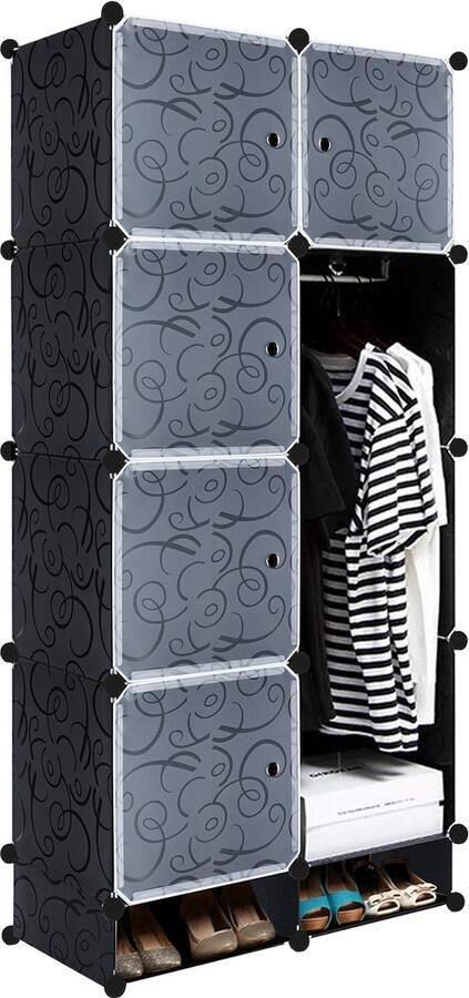 NAIZY Reksysteem Kledingkasten PP Kunststof Kubusrek met Deuren Doe-het-zelf Garderobekast Opbergkast Opbergdozen van kleding schoenen boeken speelgoed (Zwart 8 vakken)