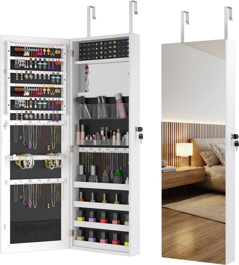 NAIZY Sieradenkast met spiegel spiegelkast wandkast hangend afsluitbaar sieradenopberger make-up organizer 2-in-1 met lange spiegel staande spiegel wit
