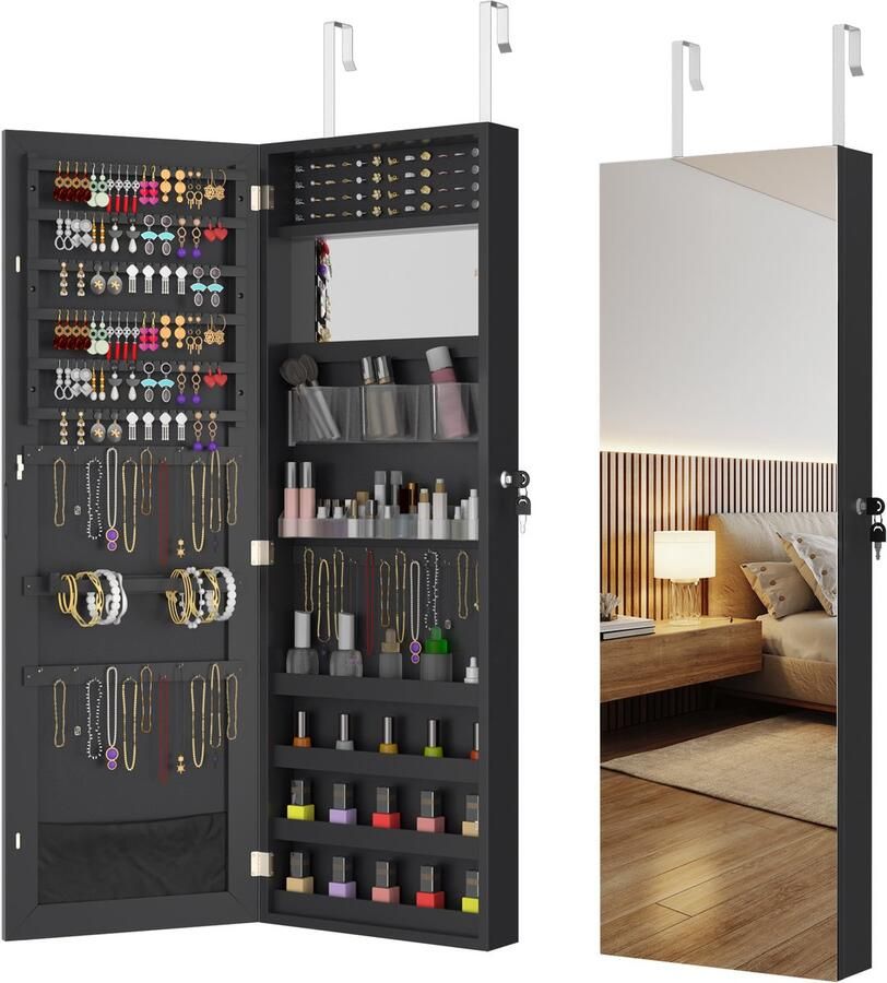 NAIZY Sieradenkast met spiegel spiegelkast wandkast hangend afsluitbaar sieradenopberger make-up organizer 2-in-1 met lange spiegel staande spiegel zwart