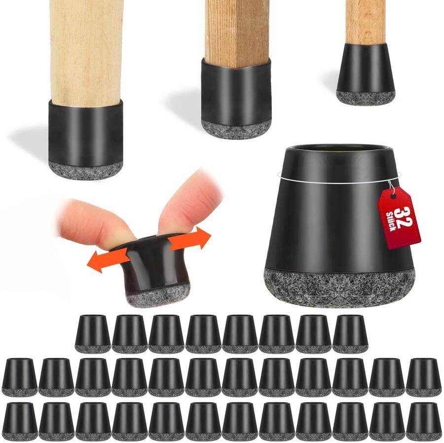 Namajunas Stoelpootdoppen stoelpoot beschermers Stoelpootdoppen Flexibel Rond Stoelpoot sokken Voor Ronde & Vierkant Stoelpoten Anti-Kras Vilt Vloerbescherming Verwijdert geluid en krassen Zwart 32 Stuks