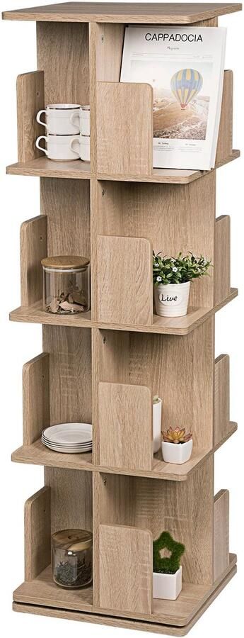 Nami NÁMI Boekenkast 360 Graden Roterend 4-Tier Licht Eiken Boekenplank Opbergrek Voor Thuis of Kantoor Opbergkast Open Vakken Kinderkamer 39x39x128 cm
