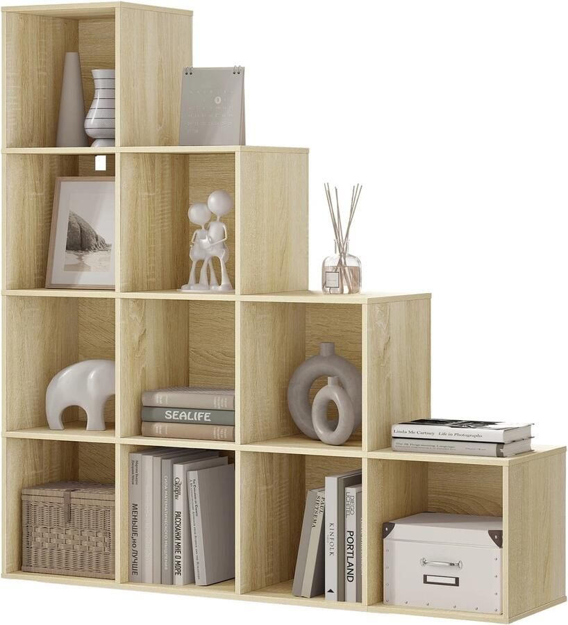 Nami NÁMI Boekenkast Getrapte Boekenrek L-Vormig Kast Boekenplank Tiered Shelf 120 x 120 x 30 cm Licht Eiken Voor Thuis of Kantoor