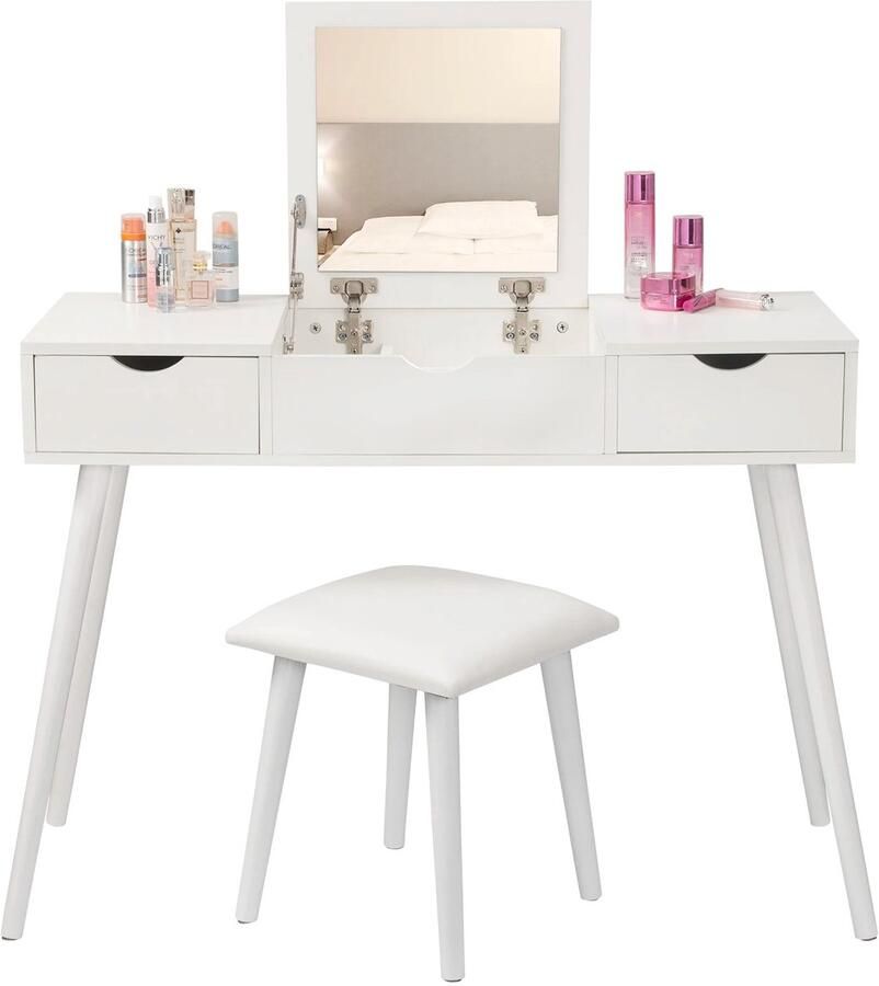 Nami NÁMI Kaptafel Met Spiegel Met Kruk Met Lades Werktafel En Make-Up Tafel In Eén Dressoir Slaapkamer Wit