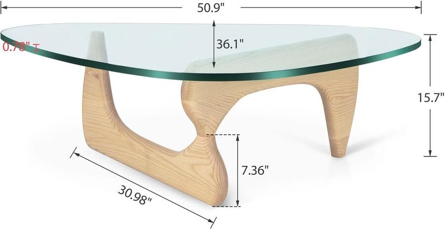 Nami NÁMI Luxe Salontafel Glazen Blad Houten Poten Assymetrisch Ontwerp Minimalistische Woonkamer