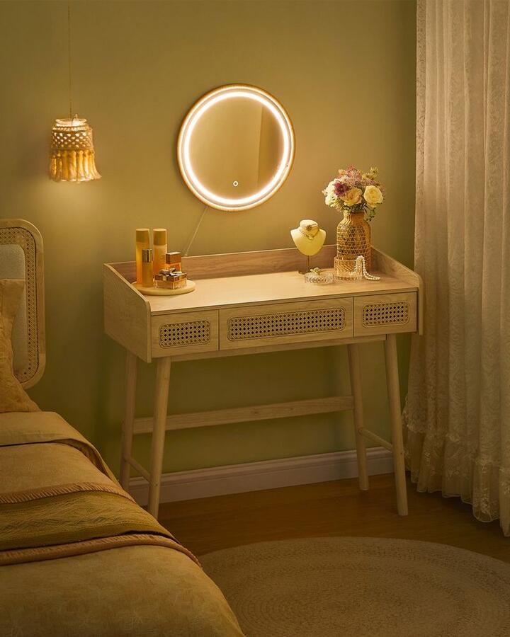 Nancy Borrello Kaptafel Met Spiegel en LED-verlichting Make-up Tafel Cosmetica Tafel Eiken Beige ± 40 x 90 x 80 cm