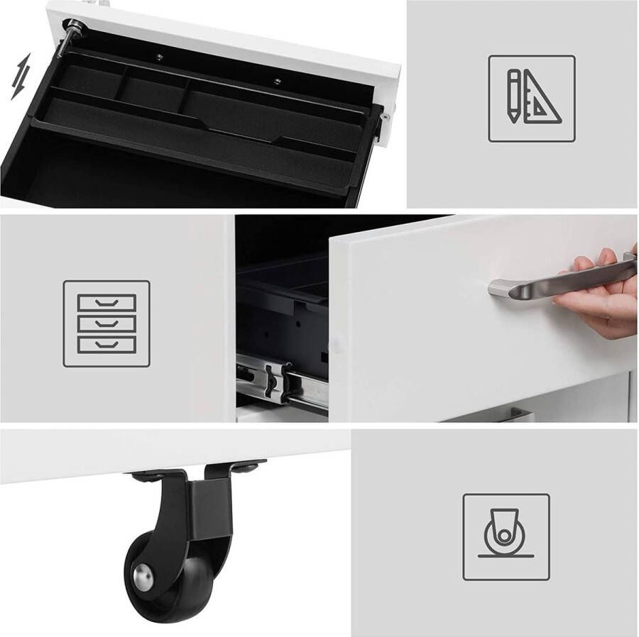 Nancy's Cheltenham Ladeblok Archiefkast Opbergkast Op Wieltjes 3 Lades Opbergruimte Wit Staal 39 x 48 x 60 cm 33 x 38 x 63 cm