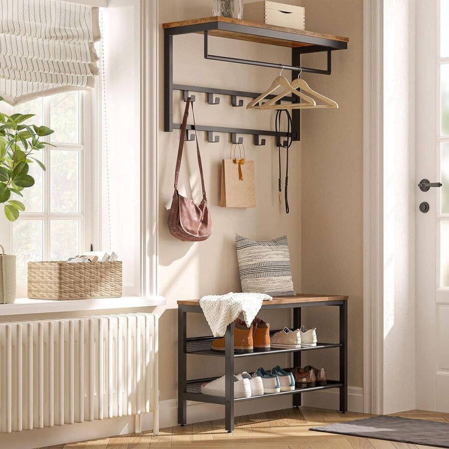 Nancy's Ellensburg WandKapstok Met 5 Haken Ophangrail En Opbergrek Wandkapstok 66 x 27 x 30 cm (B x H x D)