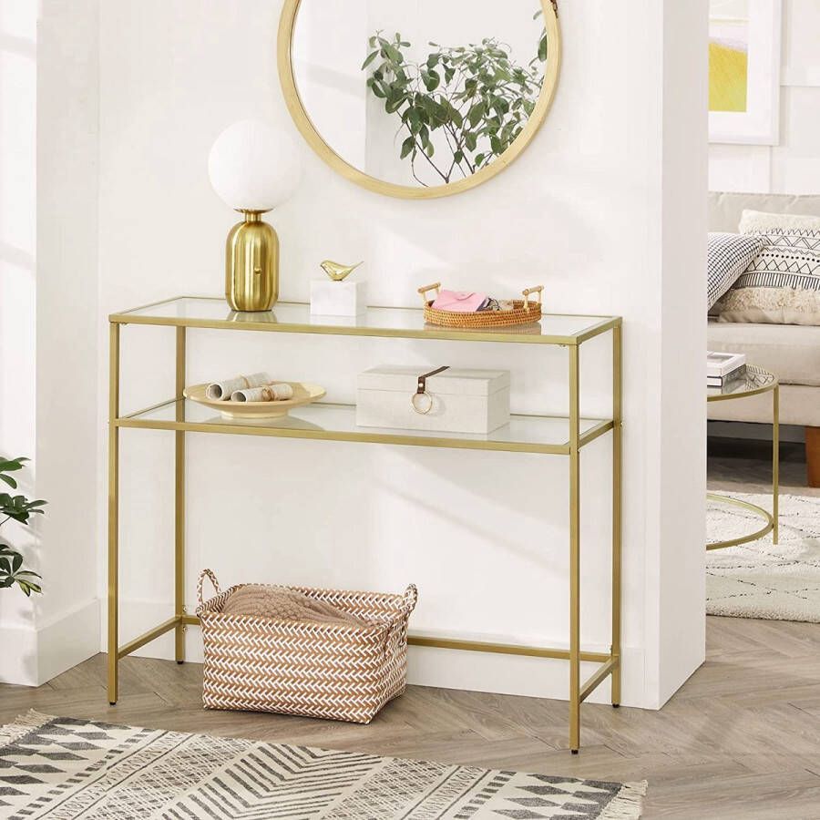 Nancy's Goldfield Console Tafel Bijzettafel 2 Niveaus Gehard Glas Metalen Frame Verstelbare Poten Goud 100 x 35 x 80 cm