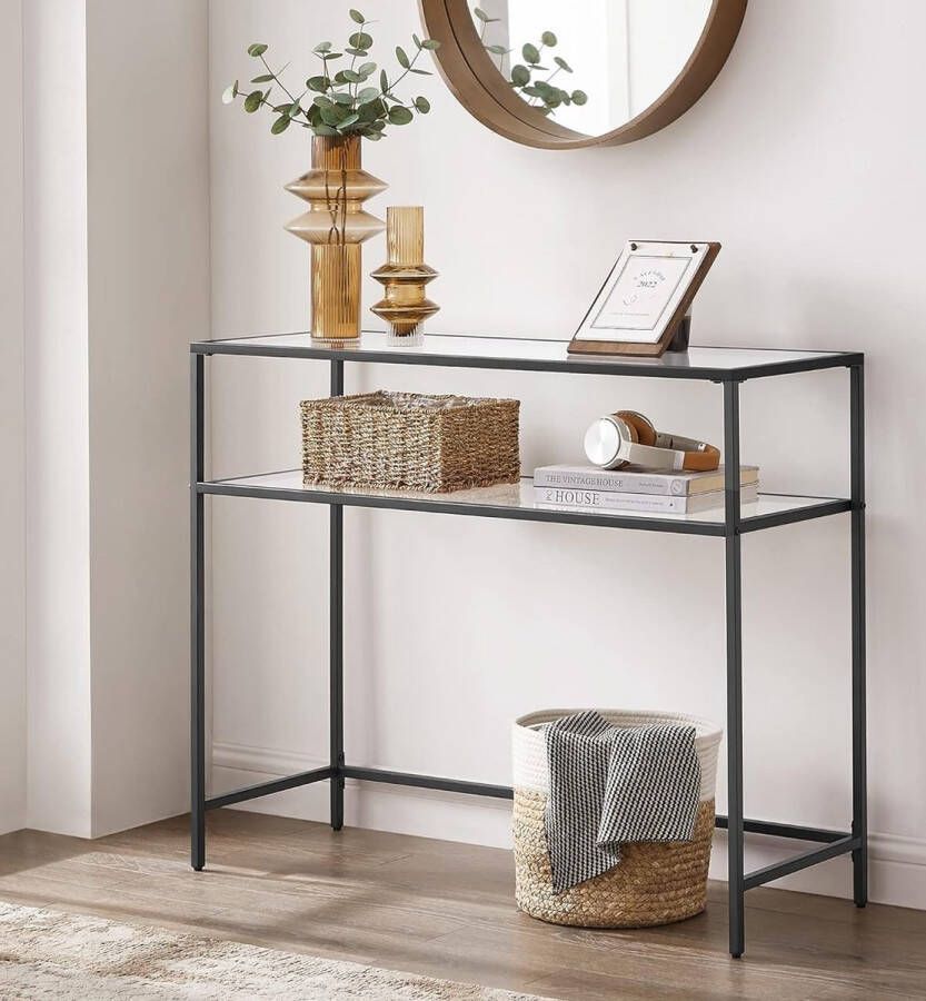 Nancy's Goldfield Console Tafel Bijzettafel 2 Niveaus Gehard Glas Metalen Frame Verstelbare Poten Zwart 100 x 35 x 80 cm