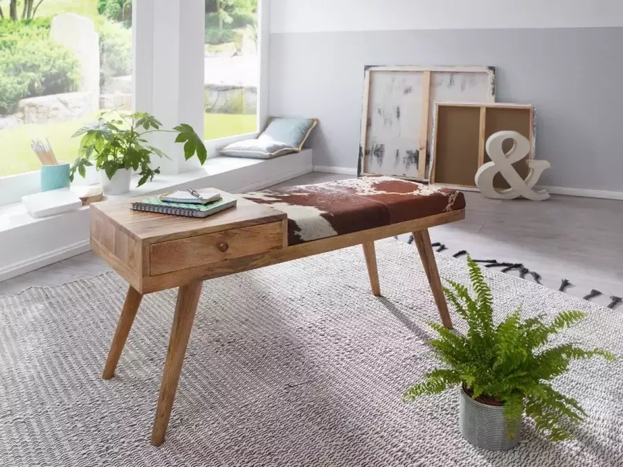 Nancy's Fredonia Bank Zitbank Opslagruimte Lade Koeienhuid Massief Mangohout Gangbank Gestoffeerde bank