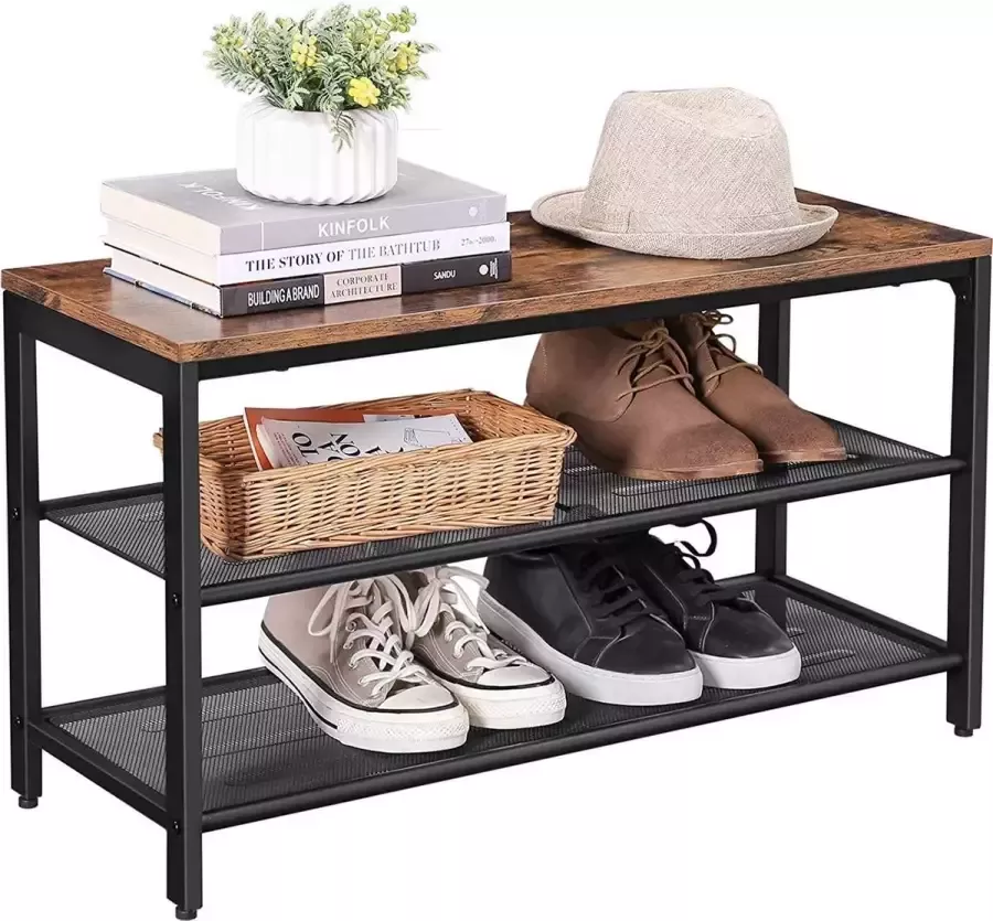 Nancy's Schoenenrek Schoenenkast voor 6 Paar Industrieel Vintage Design Hout en Metaal 80 x 30 x 44.5 cm