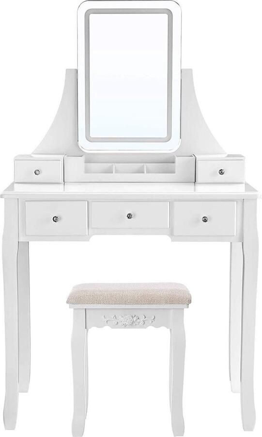 Nancy's Sophora Kaptafel met LED-verlichting Make-up Tafel Spiegel 5 Lades Met Kruk Wit 80 x 40 x 137 5 cm (l x b x h)