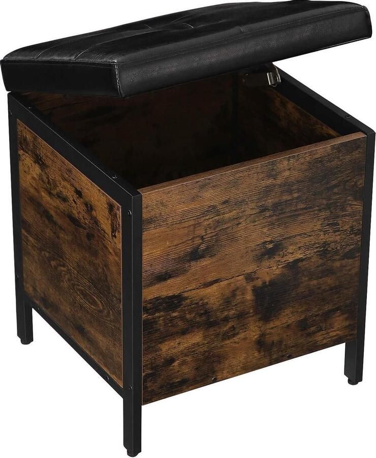 Nancy's Wenatchee Hocker Krukje met opbergruimte Schoenenbank Hockers Kunstleer en Hout Industrieel Bruin Zwart 40 x 40 x 50 cm
